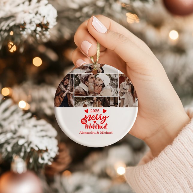 7 Photo Minimialist Merry and Married  Ceramic Ornament (Creator Uploaded)