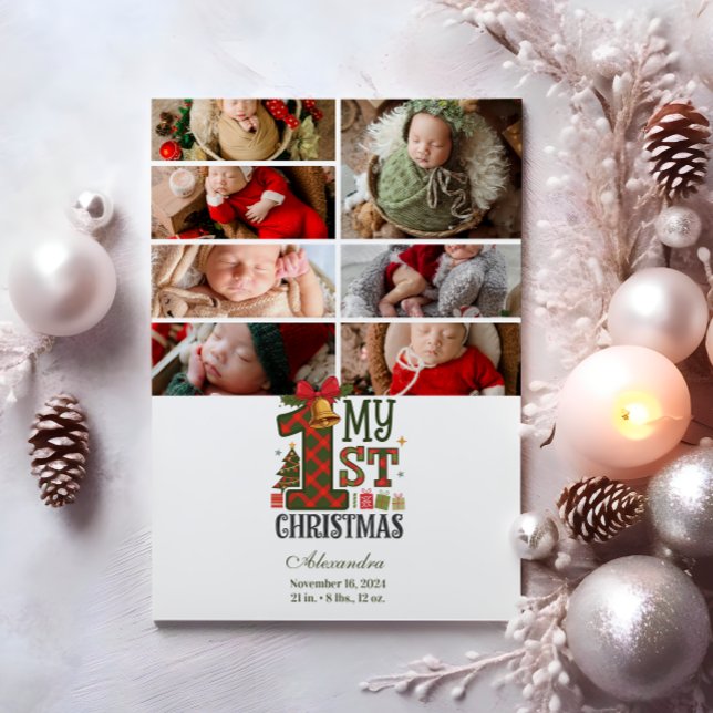 7 Photo Plaid First Christmas Holiday Card (Creator Uploaded)