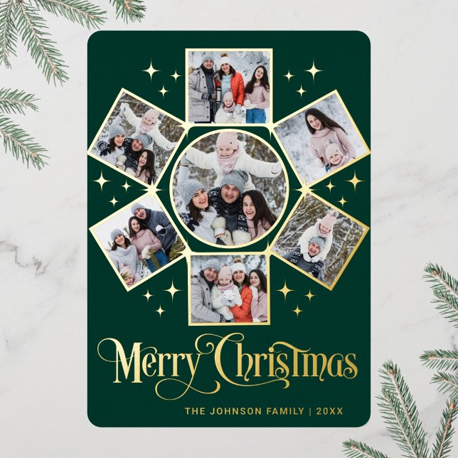 7 PHOTO Sparkle Merry Christmas Greeting Gold Foil Holiday Card (Creator Uploaded)