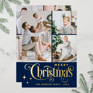 7 PHOTO Sparkle Merry Christmas Greeting Gold Foil Holiday Card