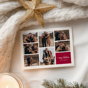 7 Photos Collage Elegant Script Merry Christmas Postcard