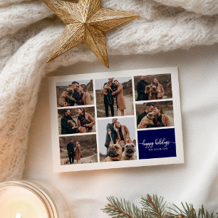 7 Photos Happy Holidays Modern Collage Navy Blue Postcard