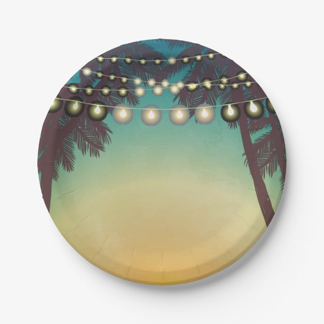 7" Round Paper Plate Beach Sunset Palm Trees Strin (Front)