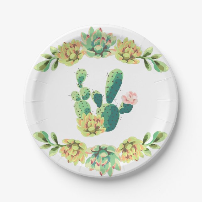 7" Round Paper Plate Bohemian Cactus Succulents De (Front)