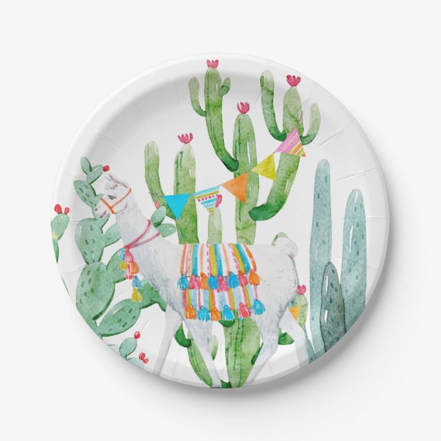 7" Round Paper Plate Boho Llama Bohemian Cacti Des (Front)
