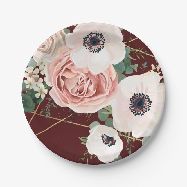7" Round Paper Plate Geometric Garden Rose Wine (Front)