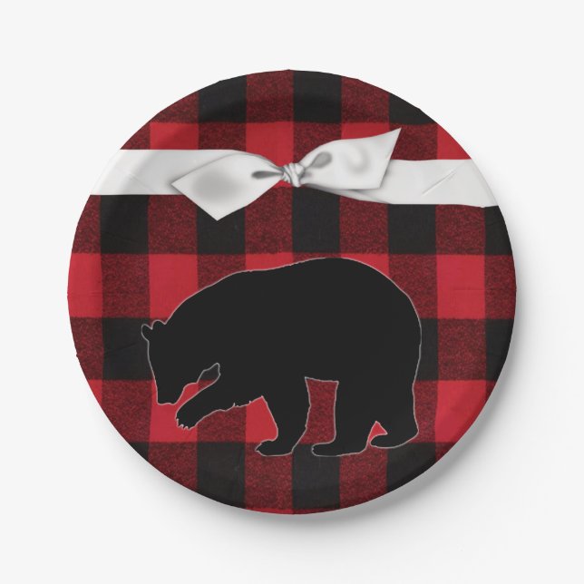 7" Round Paper Plate Red Buffalo Plaid Bear Black (Front)