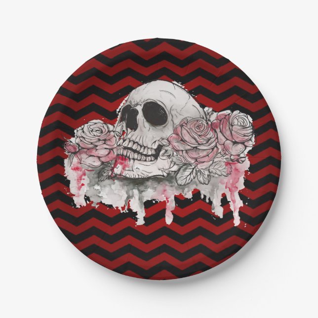 7" Round Paper Plate skull Rose Gothic Chevron red (Front)