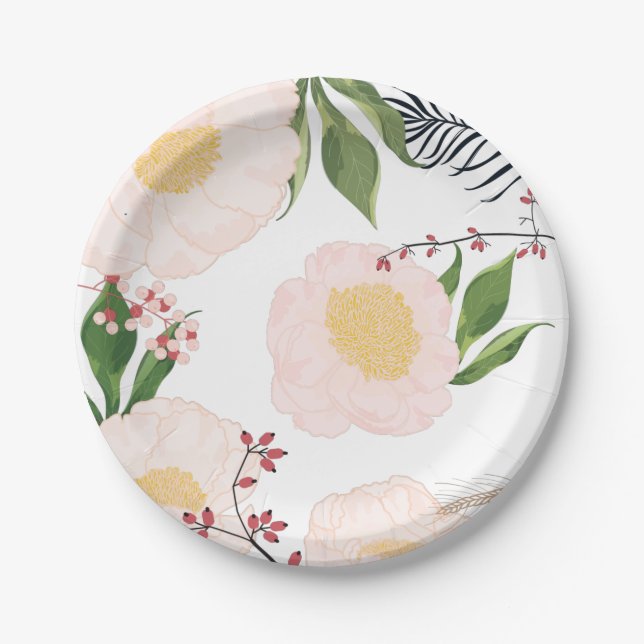 7" Round Paper Plate White Floral Flowers on White (Front)