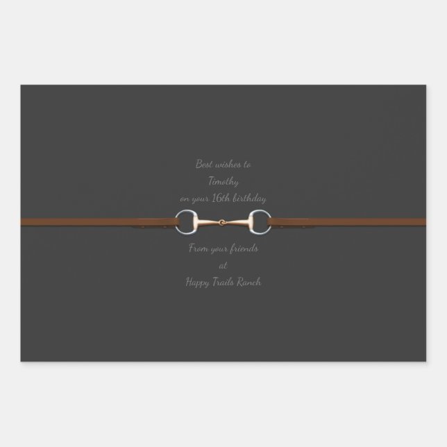 7" Snaffle Bit & Reins Custom Text Equestrian Wrapping Paper Sheet (Front)