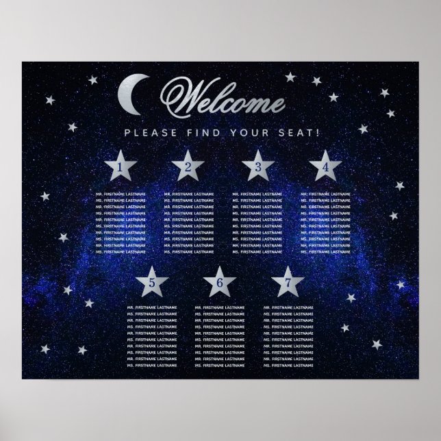 7 Table Celestial Wedding Stars Moon Seating Chart (Front)