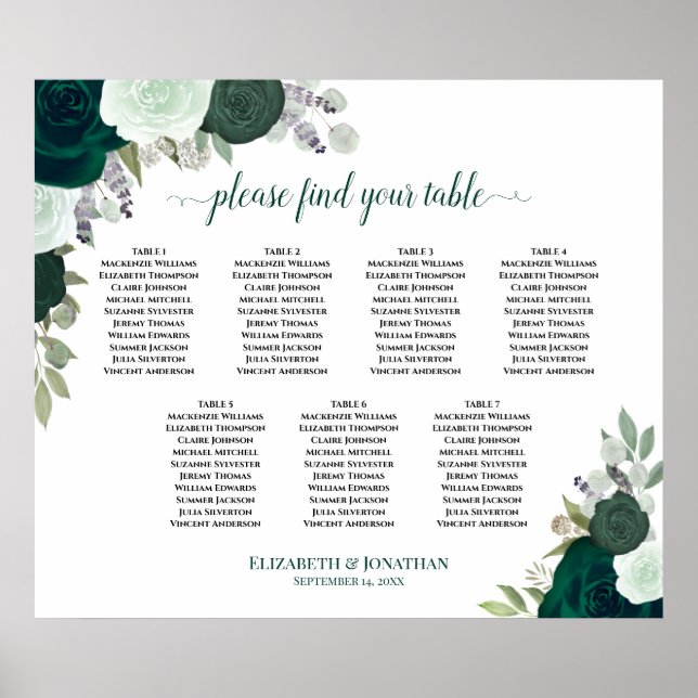 7 Table Emerald Green Floral Wedding Seating Chart (Front)