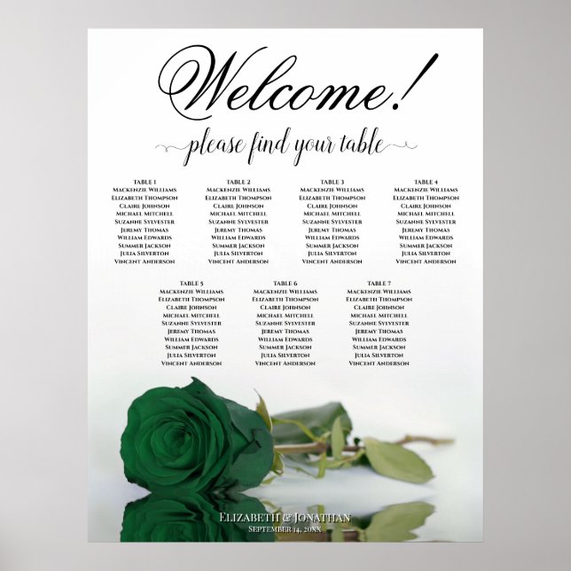 7 Table Emerald Green Rose Wedding Seating Chart (Front)