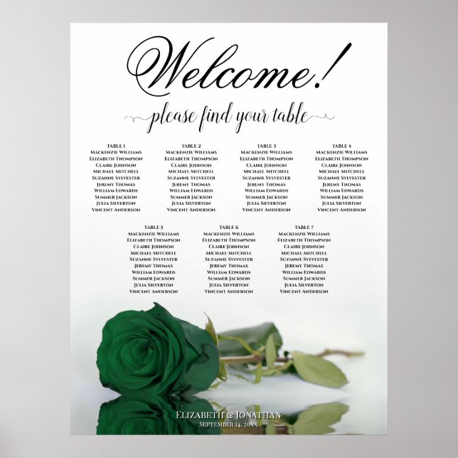 7 Table Emerald Green Rose Wedding Seating Chart (Front)