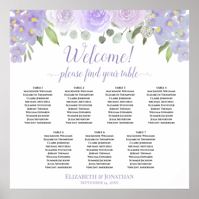 7 Table Lavender Floral Wedding Seating Chart  (Front)