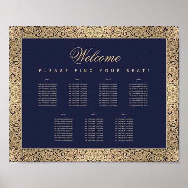 7 Table Navy Blue Gold Roses Script Seating Chart (Front)