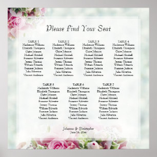 7 Table Pink Roses Wedding Seating Chart