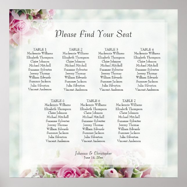 7 Table Pink Roses Wedding Seating Chart (Front)