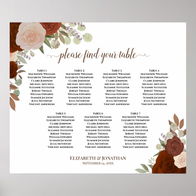 7 Table Rust Orange Roses Wedding Seating Chart (Front)