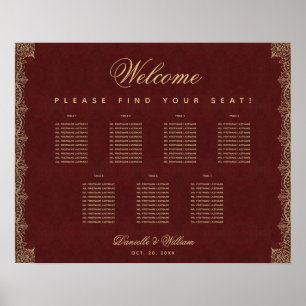7 Table Vintage Burgundy Gold Script Seating Chart