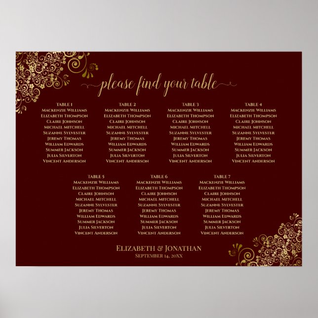 7 Table Wedding Seating Chart Gold Frills Auburn (Front)