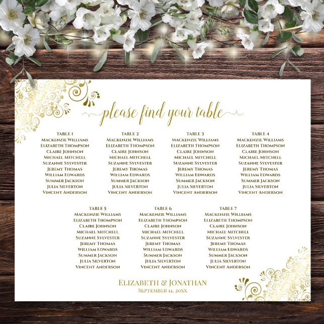 7 Table Wedding Seating Chart Gold Frills on White (In Situ on Wall with Decorations)