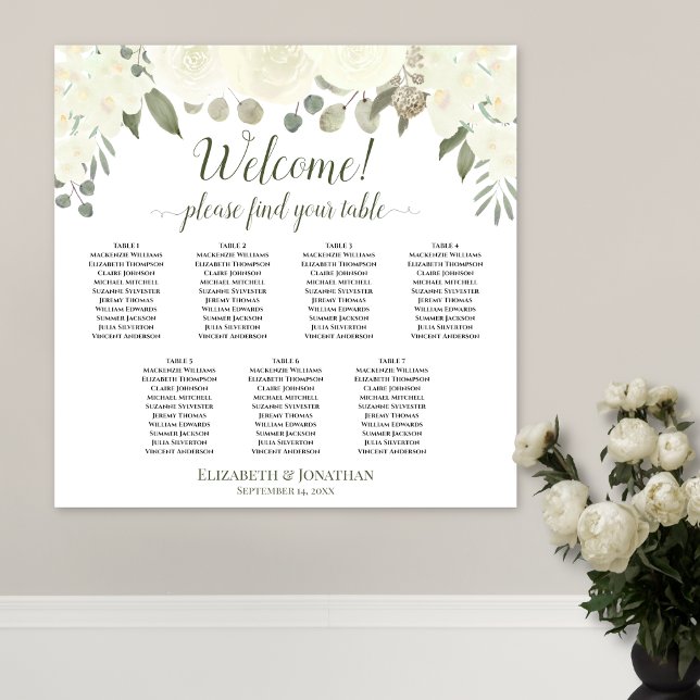 7 Table White Floral Boho Welcome Seating Chart (In Situ on Wall with Flowers)