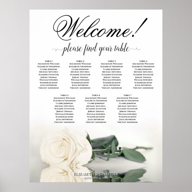 7 Table White Rose Elegant Wedding Seating Chart (Front)