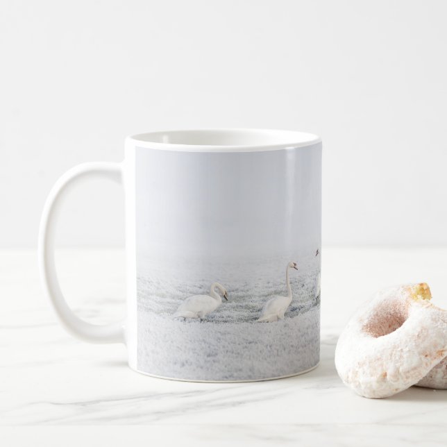 7 White Swans on a Frosty Winter Day Coffee Mug (With Donut)