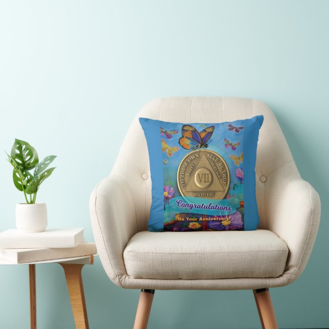 7 Year CUSTOM NAME Sober Anniversary Butterflies Throw Pillow (Chair)