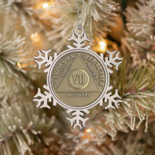 7 Year Sober Anniversary Medallion Snowflake Pewter Christmas Ornament