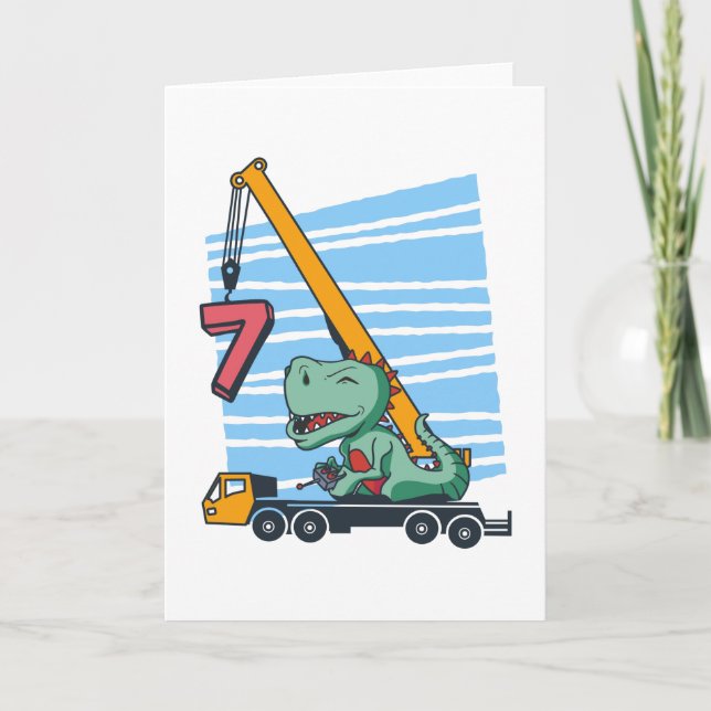 7 years 7th Birthday Mobile Crane Dinosaur Card (Front)