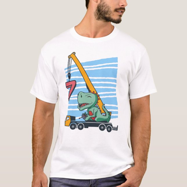 7 years 7th Birthday Mobile Crane Dinosaur T-Shirt (Front)