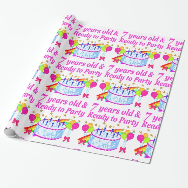 7 YEARS OLD AND READY TO PARTY BIRTHDAY GIRL WRAPPING PAPER (Unrolled)