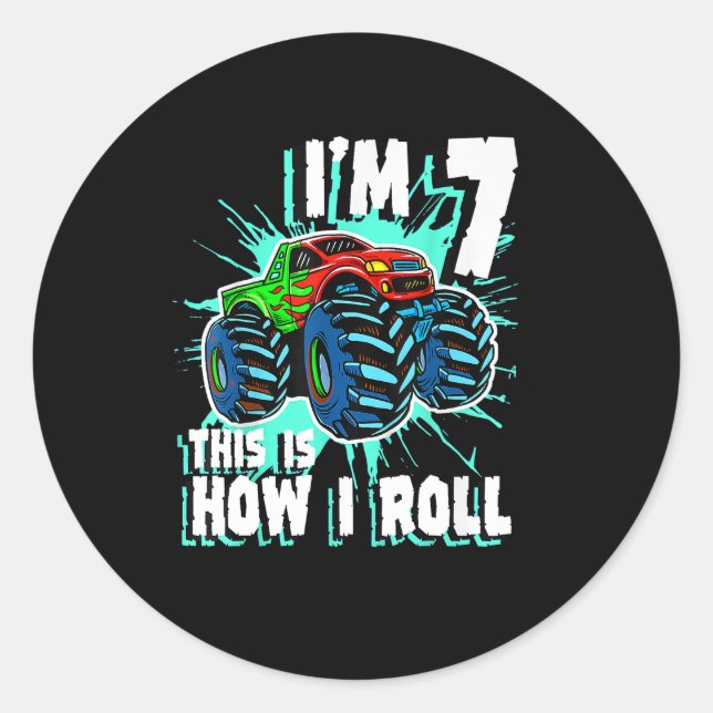 7 Years Old Birthday gift for Monster Truck Boy Classic Round Sticker (Front)
