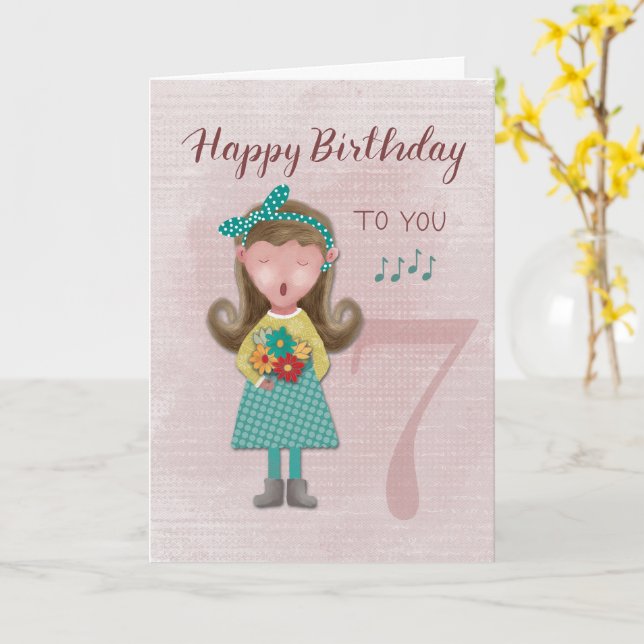 7e Anniversaire Fille chantant joyeuse carte d'ann (Fleur jaune)
