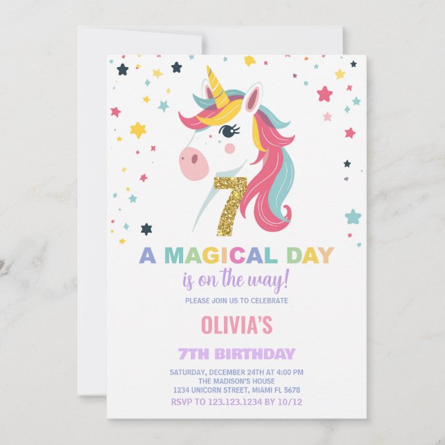 7e anniversaire Unicorn Anniversaire Invitations (Devant)