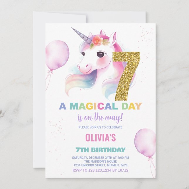7e anniversaire Unicorn Anniversaire Invitations (Devant)
