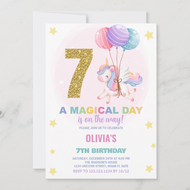 7e anniversaire Unicorn Anniversaire Invitations (Devant)
