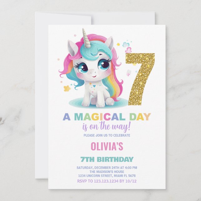 7e anniversaire Unicorn Anniversaire Invitations (Devant)
