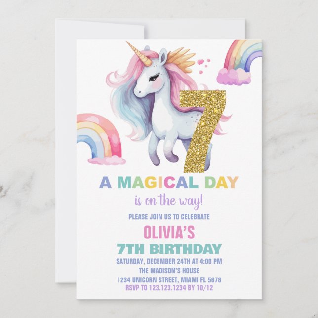 7e Rainbow Unicorn Anniversaire Invitations Partie (Devant)