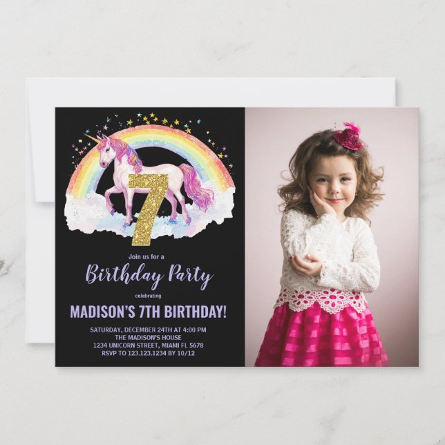 7e Rainbow Unicorn Birthday Invitations photo (Devant)