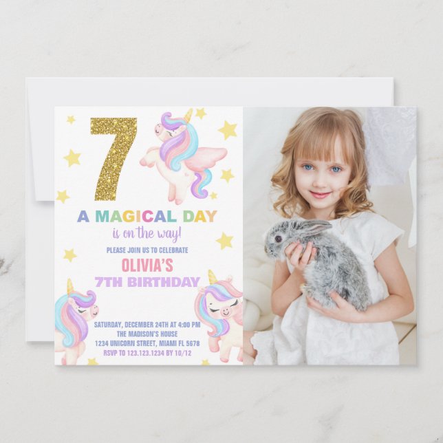 7e Rainbow Unicorn Invitations Anniversaire avec p (Devant)