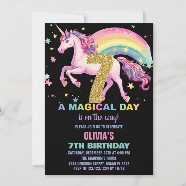 7ème Unicorn Invitations Anniversaire Noir (Devant)