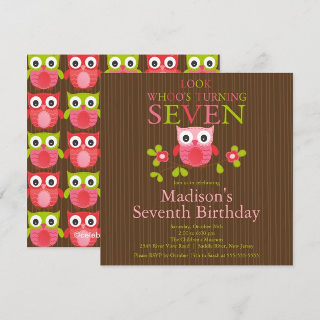 7èmes invitations de fête d'anniversaire de hibou (Devant / Derrière)