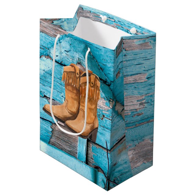 7lx4.5wx10h Medium Gift Bag Blue Wood Barn Door Bo (Front Angled)