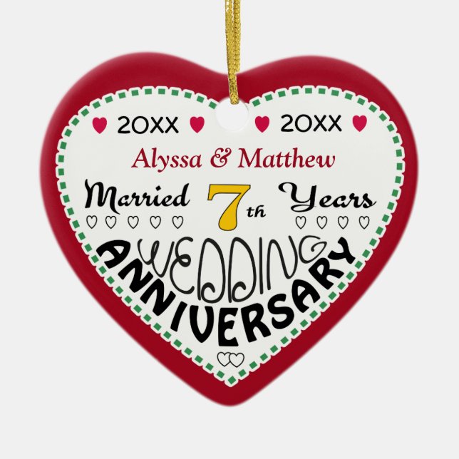 7th Anniversary Gift Heart Shaped Christmas Ceramic Ornament (Front)