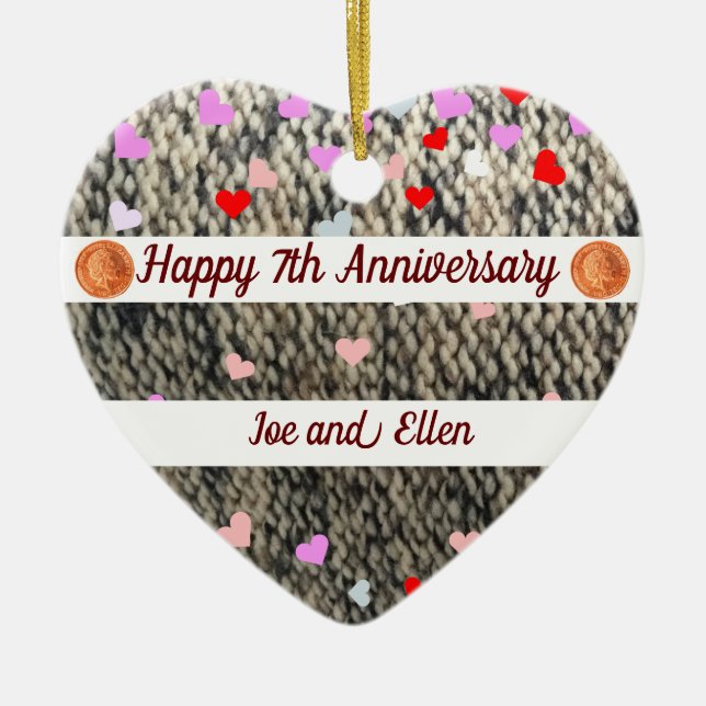 7th Anniversary, Wool and Copper Heart Keepsake Ceramic Ornament (Front)