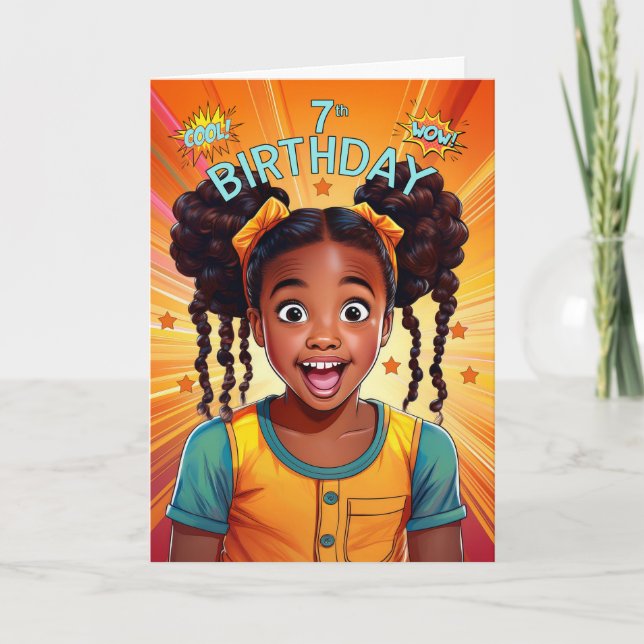 7th Birthday African American Girl Pop Art Style Card (Front)