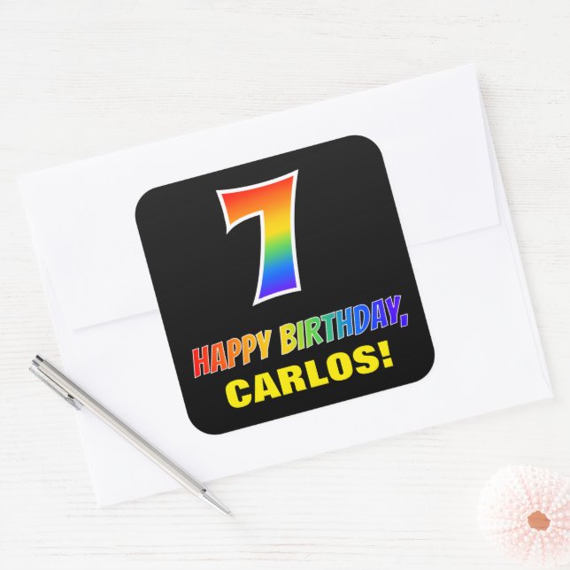 7th Birthday: Bold, Fun, Simple, Rainbow 7 Square Sticker (Envelope)